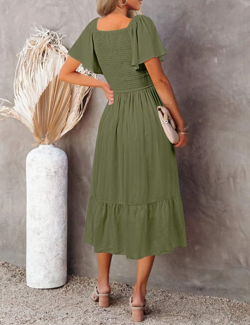 V Neck Smocked Midi Dress with Pockets - Image 2
