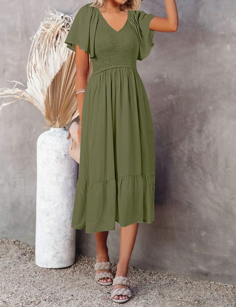 V Neck Smocked Midi Dress with Pockets - Image 3