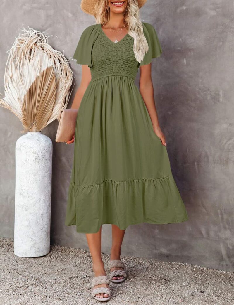 V Neck Smocked Midi Dress with Pockets