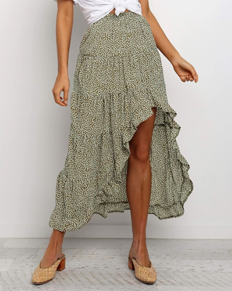 Boho Floral High Low Maxi Skirt Green - Image 3