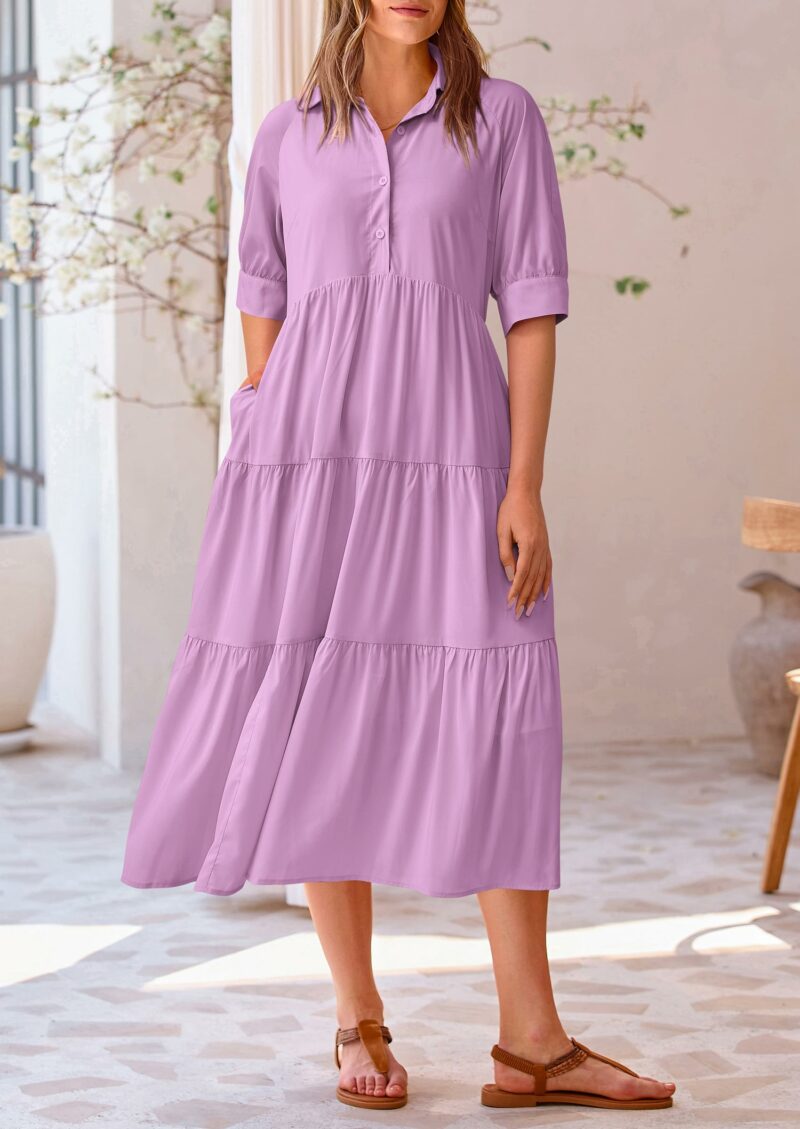 Short Sleeve Button Up Maxi Dress Solid Purple - Image 5