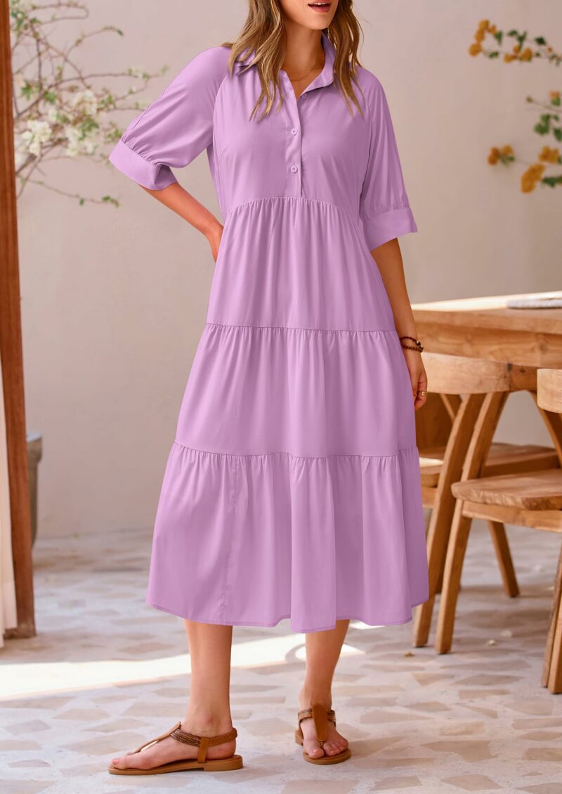 Short Sleeve Button Up Maxi Dress Solid Purple