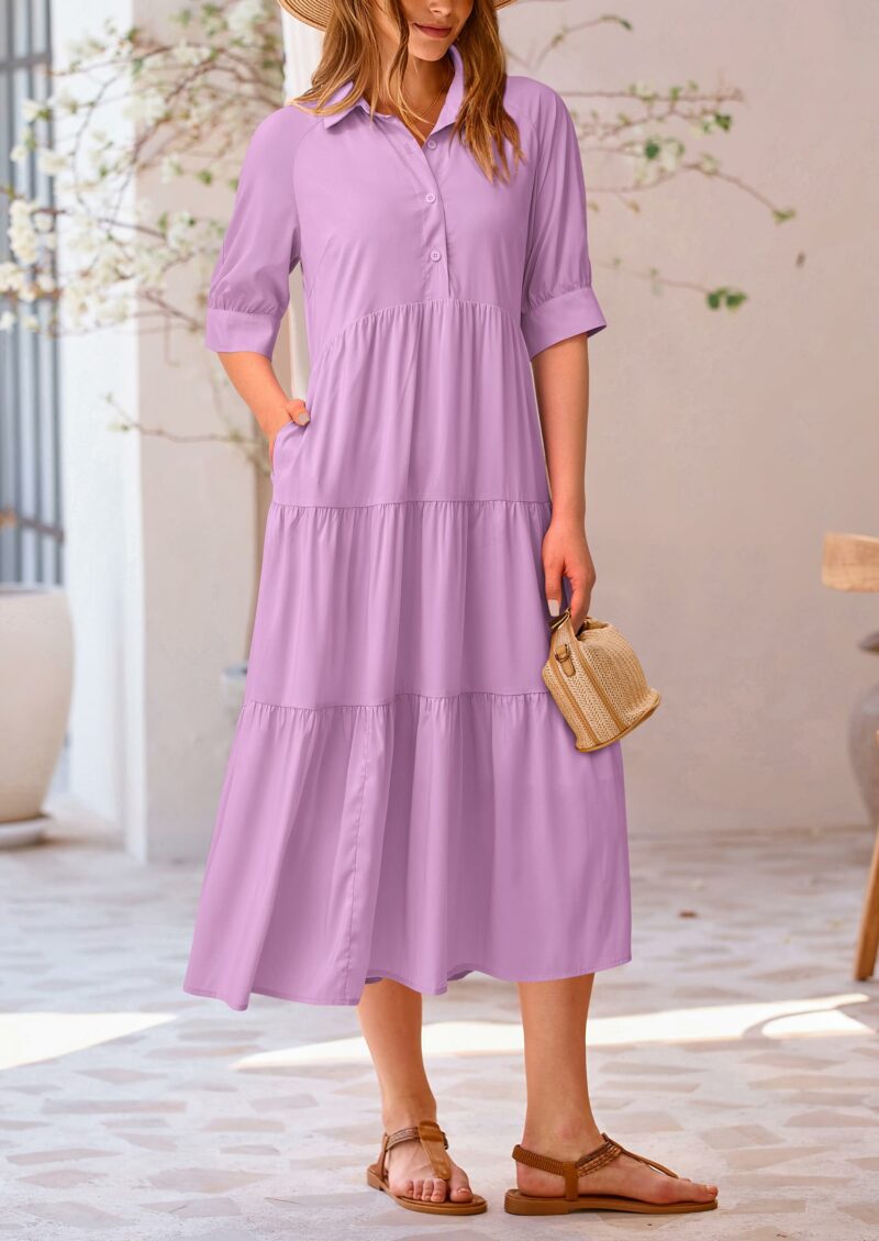 Short Sleeve Button Up Maxi Dress Solid Purple - Image 6