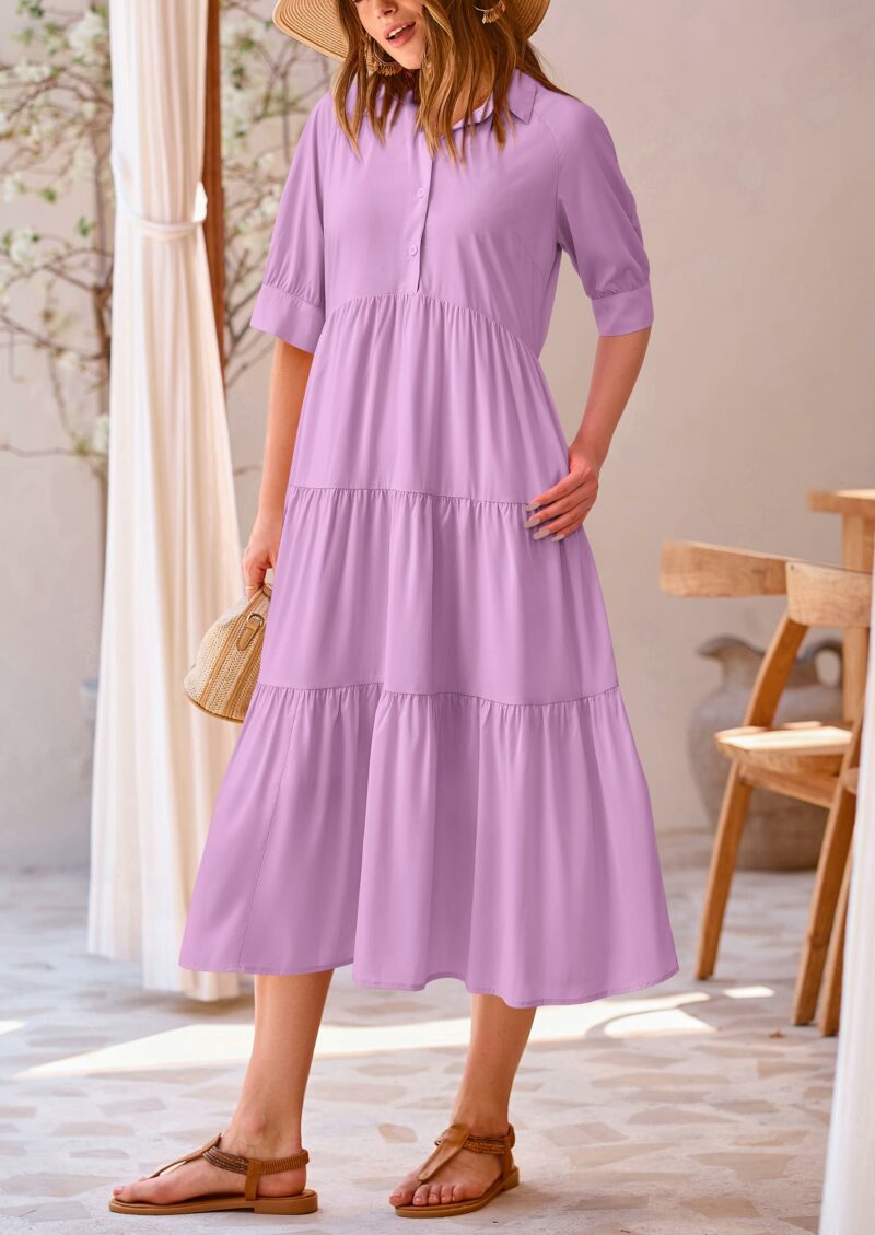 Short Sleeve Button Up Maxi Dress Solid Purple - Image 3