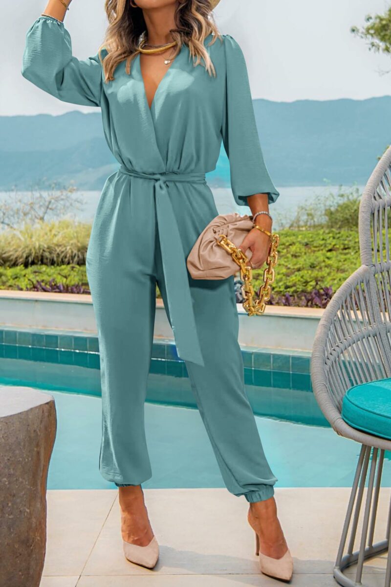Long Sleeve Belted Romper Blue Green - Image 3