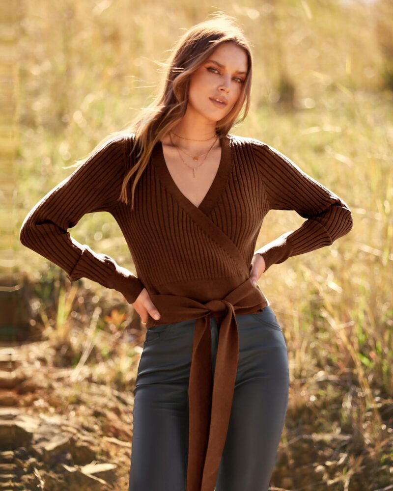 Wrap V Neck Cropped Sweater - Image 2